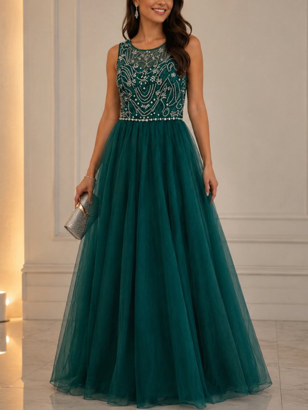 Emerald Green Beaded Ball Gown- Adjustable Back